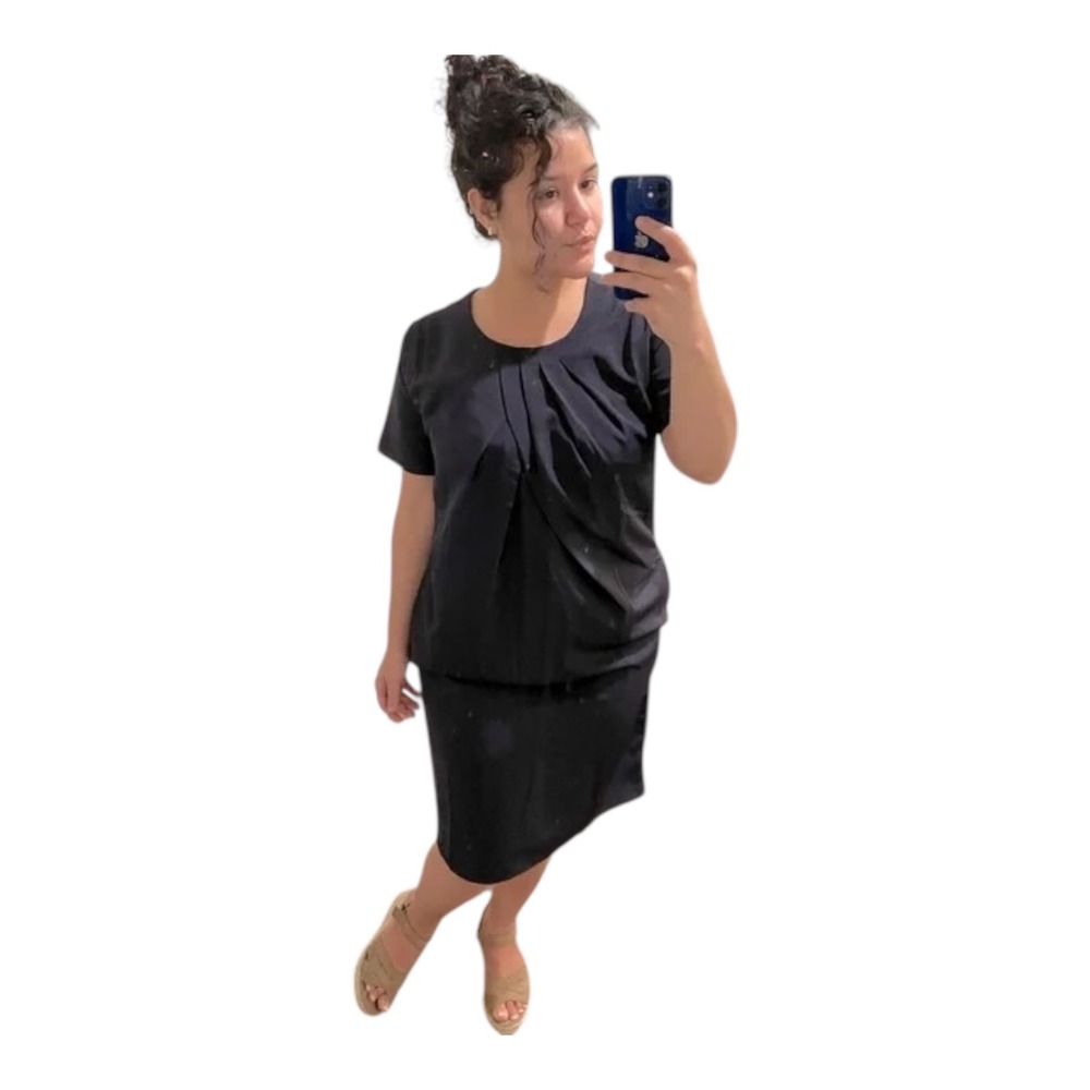 Lands' End Outfitters Navy Pleat Front Shift Dress 12 Work Pockets Travel Ponte